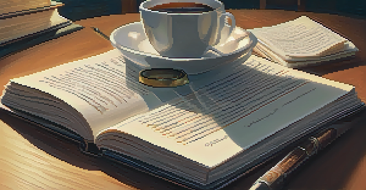 A close-up of an open legal book about self-defense on a desk with notes and coffee.