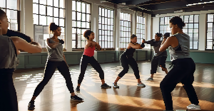 A diverse group of individuals practicing self-defense techniques in a bright urban gym, showcasing focus and determination.