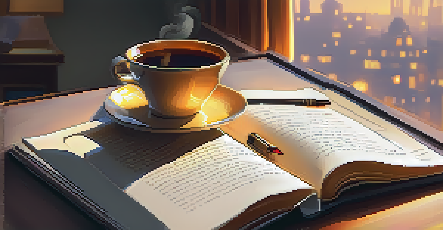 A close-up of an open journal with handwritten notes about emotions, accompanied by a cup of tea in a cozy room.