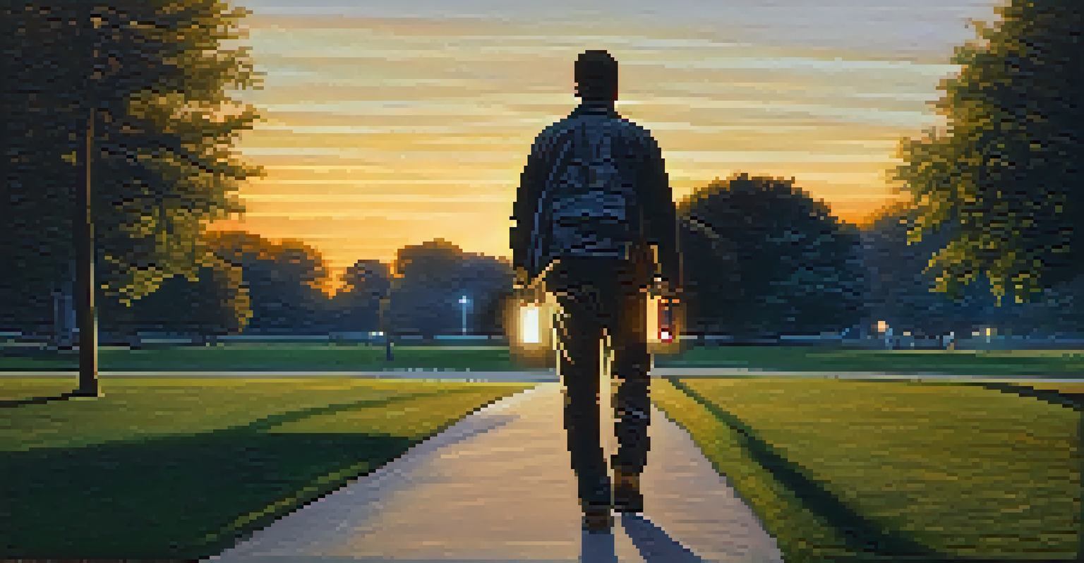 A person walking in a park during sunset, holding a tactical flashlight that is illuminated, creating a beam of light.