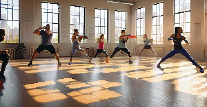 A diverse group of people practicing self-defense drills in a bright fitness studio, with sunlight streaming through windows.