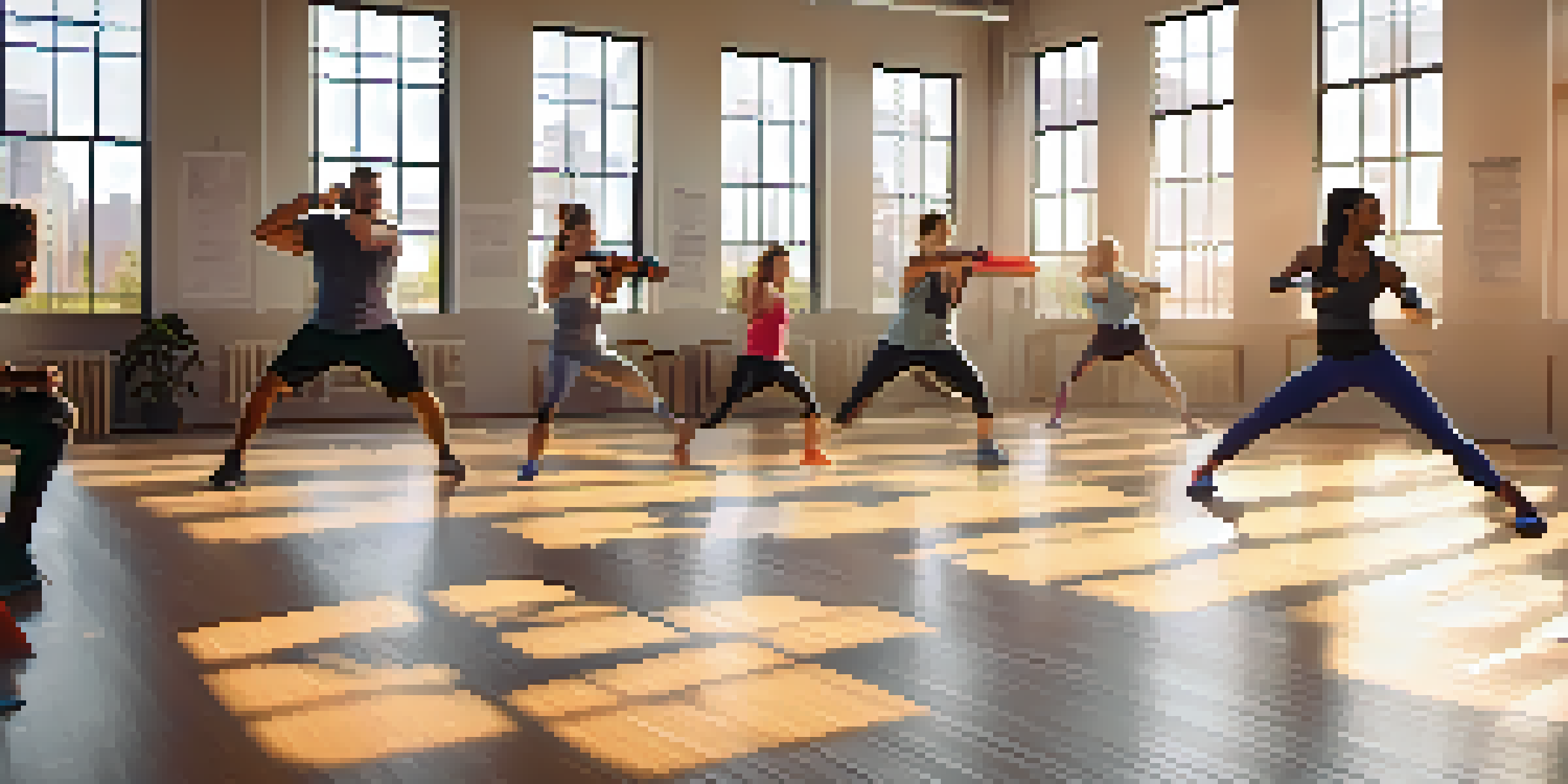 A diverse group of people practicing self-defense drills in a bright fitness studio, with sunlight streaming through windows.