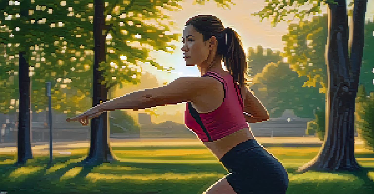 A woman practicing self-defense moves in a park during sunset, wearing comfortable workout attire and looking determined.