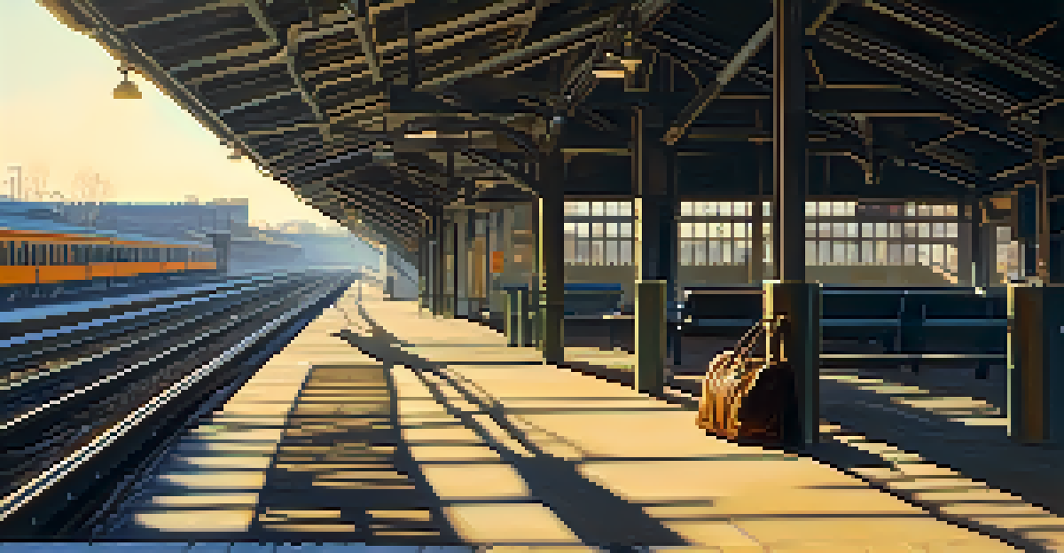 An empty train station platform with a single unattended bag casting long shadows in warm light.