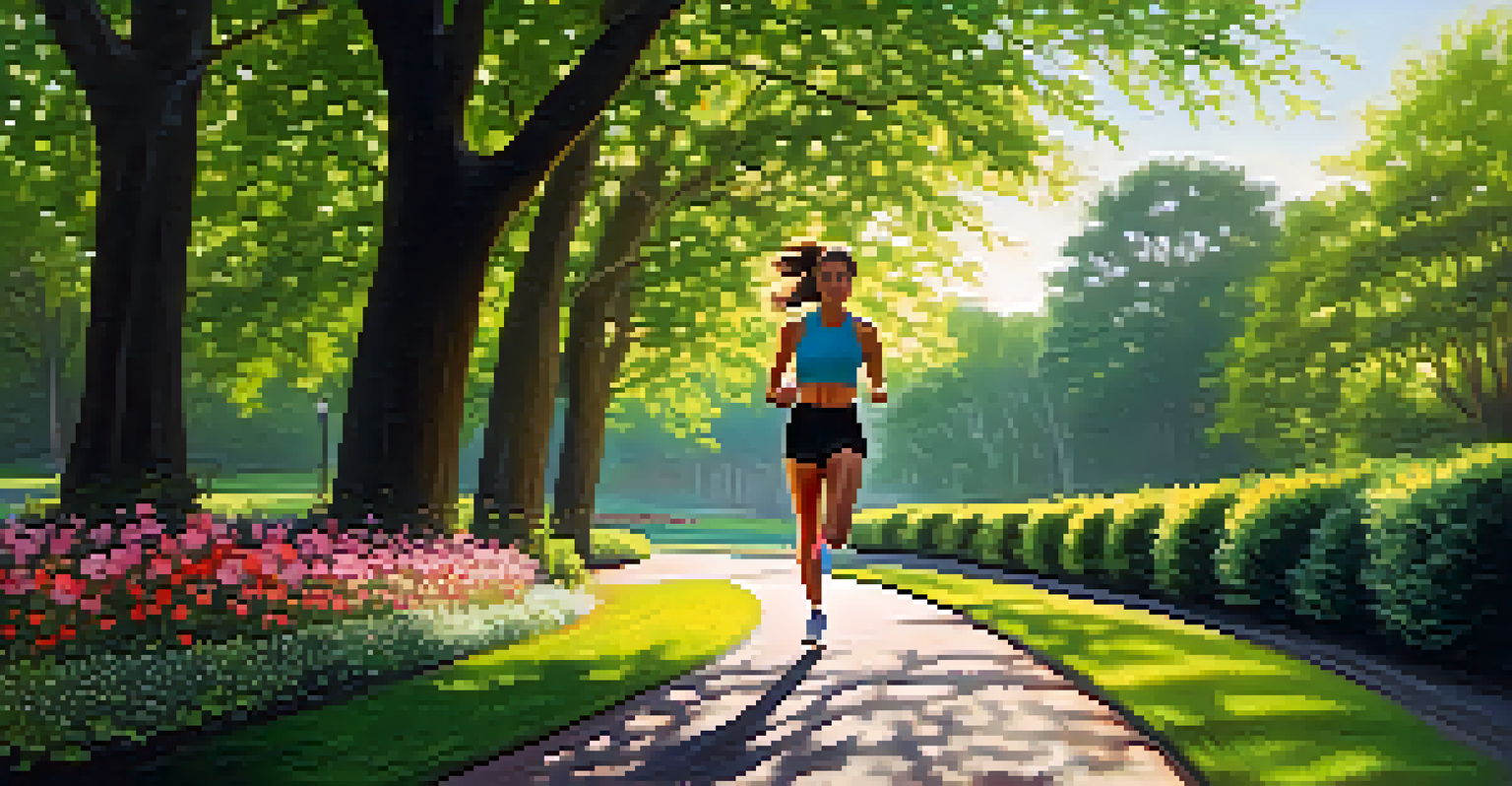 A person jogging in a park with a focused expression, surrounded by green trees and colorful flowers.