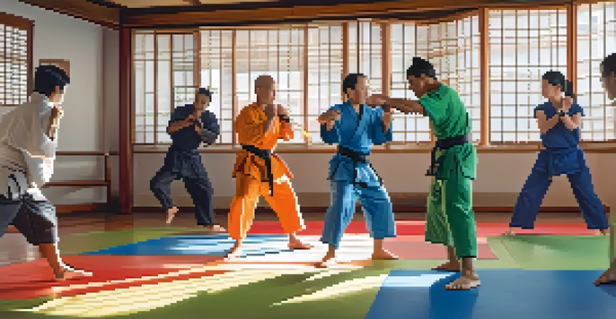 A group of diverse individuals practicing self-defense techniques in a well-lit dojo, displaying focus and determination.