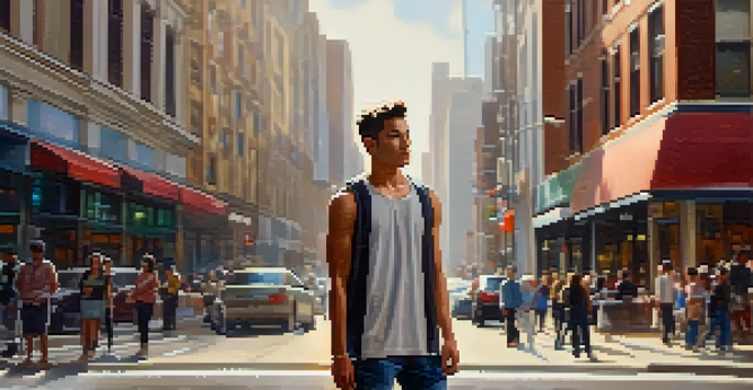 A confident person in casual athletic wear standing upright on a busy urban street, with a strong posture and soft sunlight illuminating the scene.