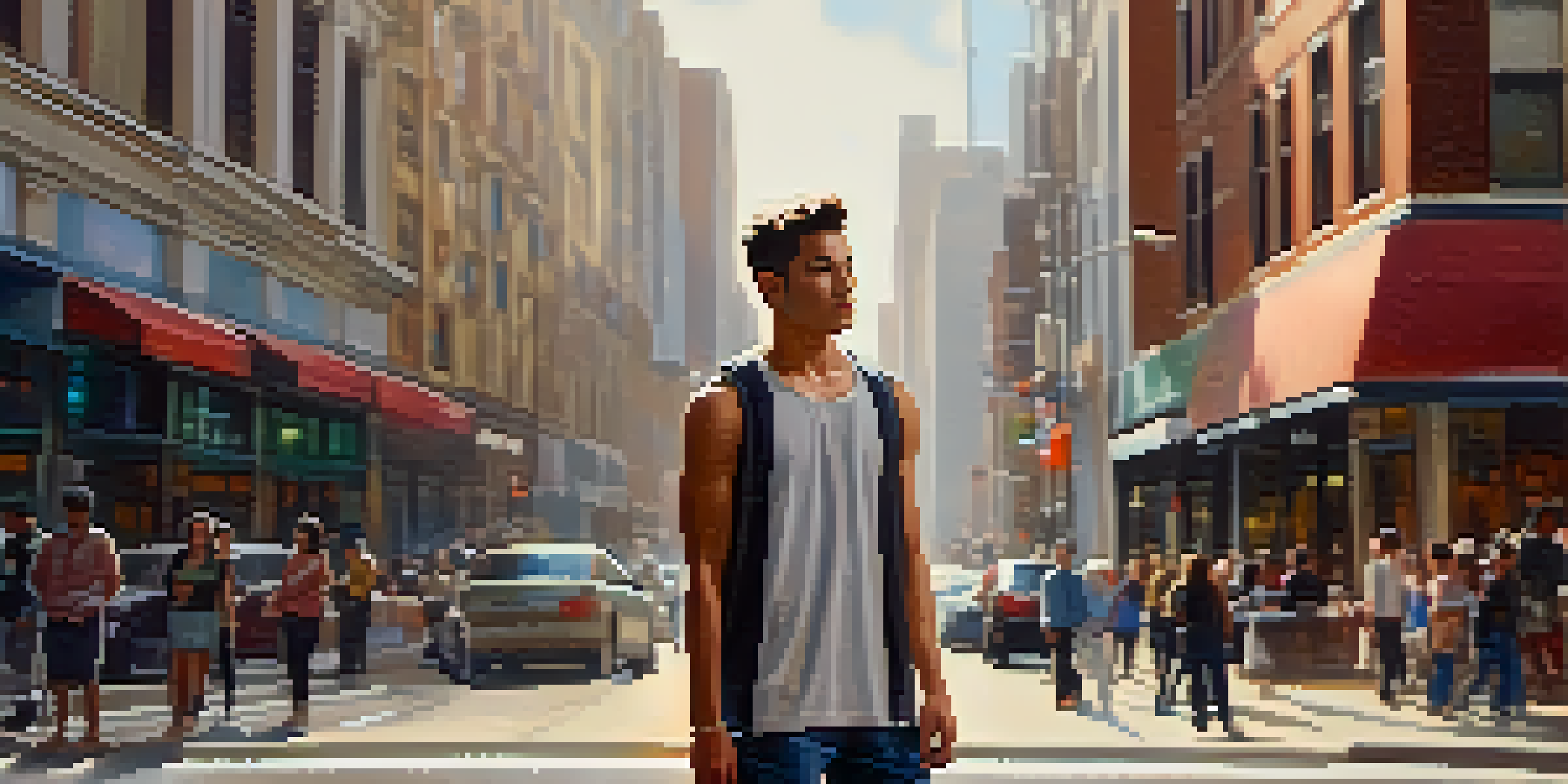 A confident person in casual athletic wear standing upright on a busy urban street, with a strong posture and soft sunlight illuminating the scene.