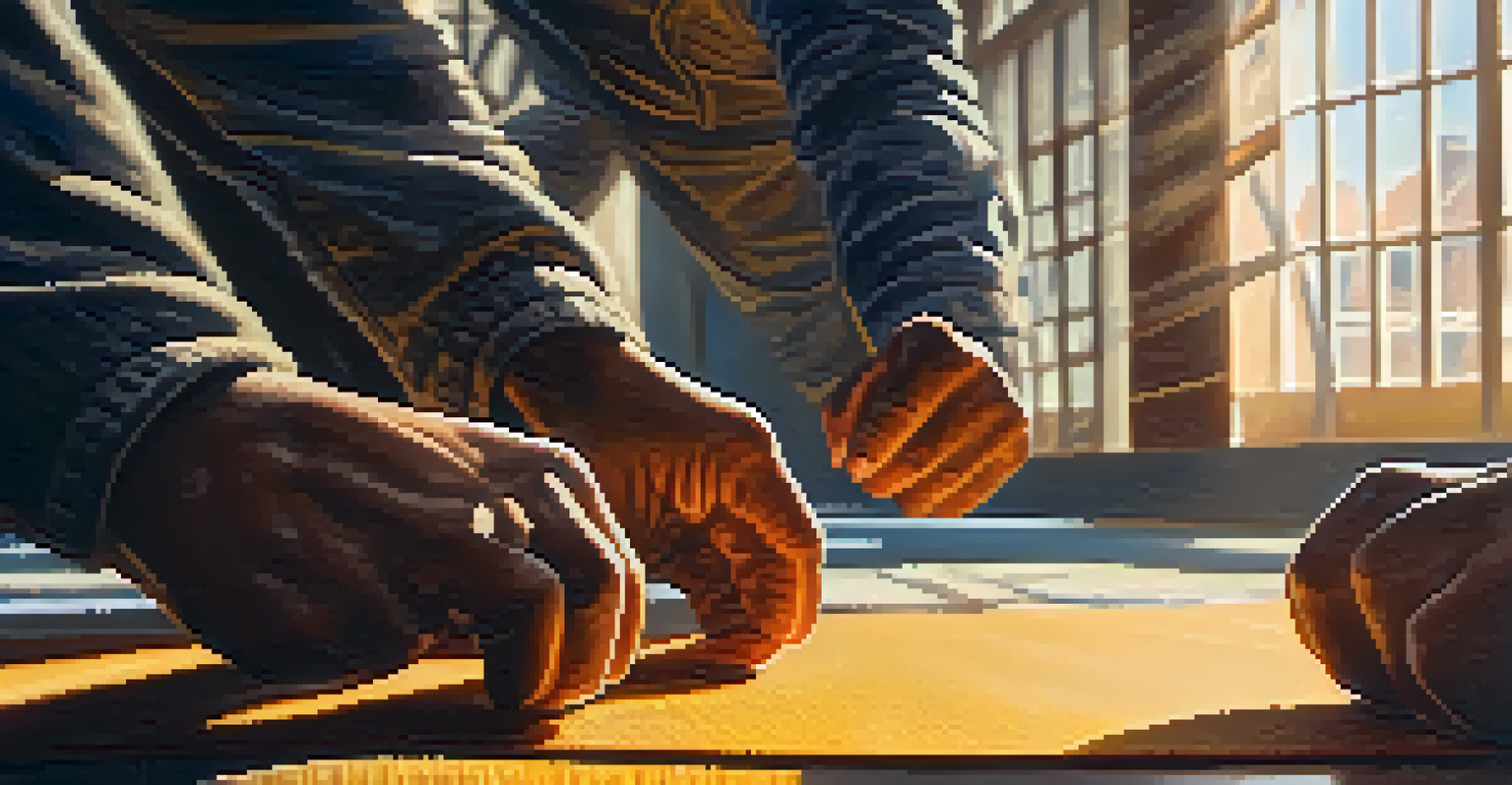 Close-up of hands demonstrating a self-defense technique on a mat, highlighting the texture and focused expressions of individuals practicing.