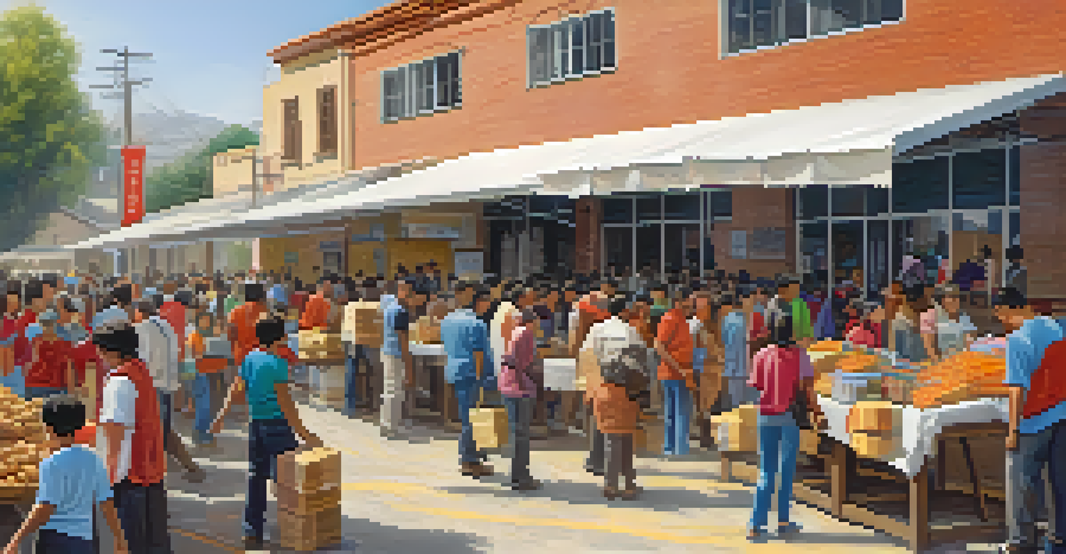 A community center providing support and resources to families after an earthquake, with volunteers assisting those in need.