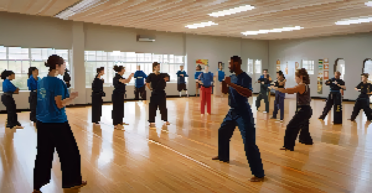 An indoor self-defense class with diverse participants practicing techniques under the guidance of an instructor.