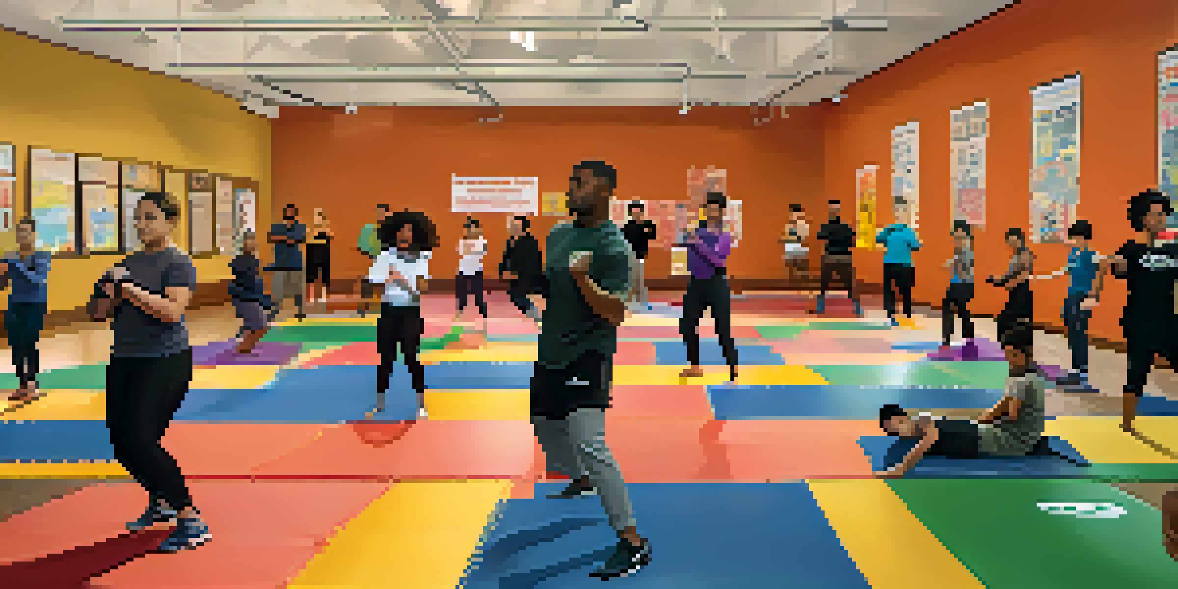 A diverse group of individuals practicing self-defense techniques in a gym, showing focus and teamwork.