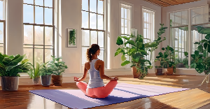 A person practicing yoga in a bright and serene studio filled with plants and natural light.