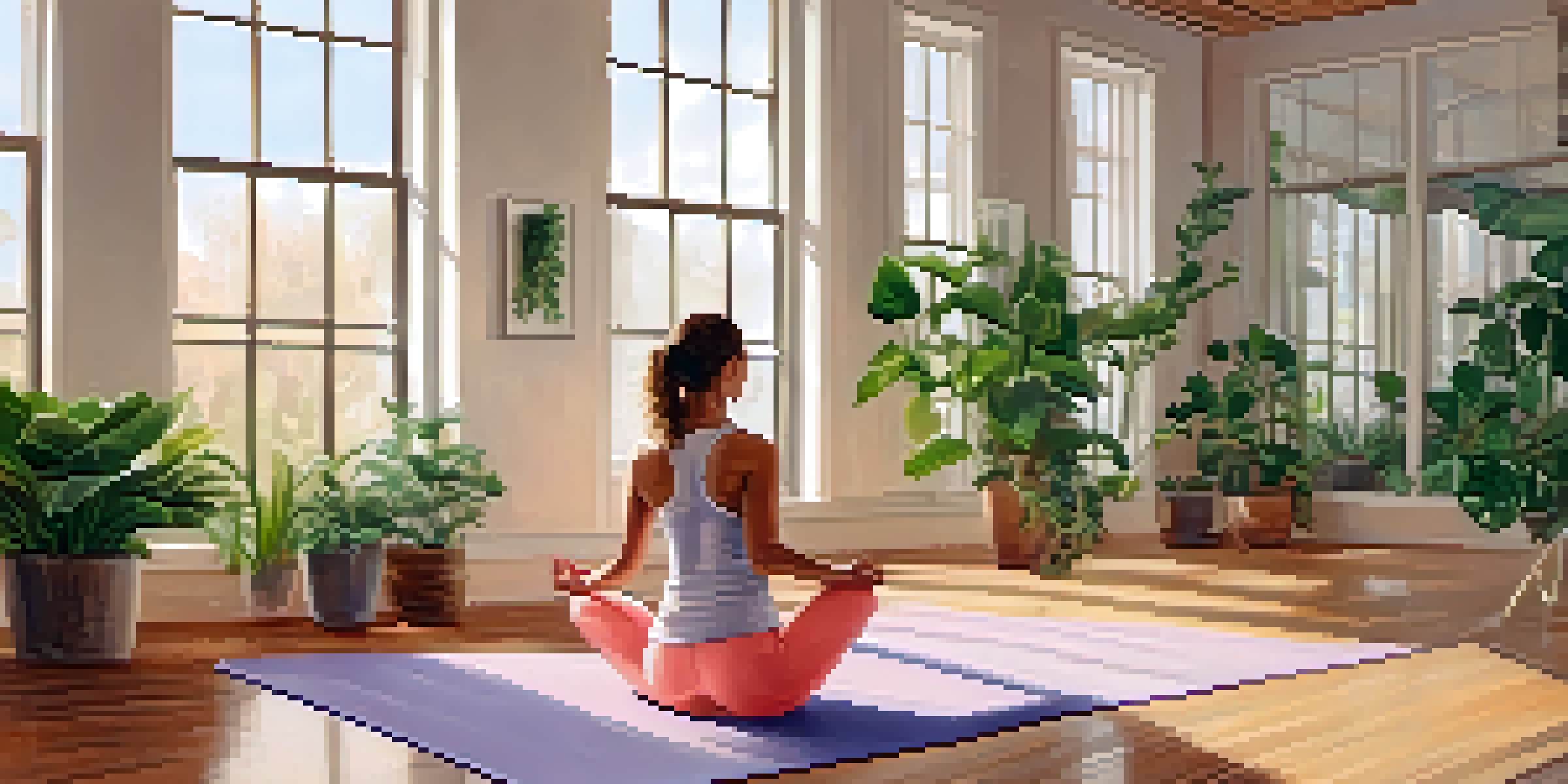 A person practicing yoga in a bright and serene studio filled with plants and natural light.