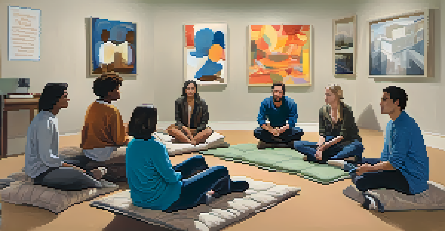 Participants practicing nonviolent communication in a mock confrontation during a self-defense workshop, with one expressing feelings and the other listening attentively in a casual setting.