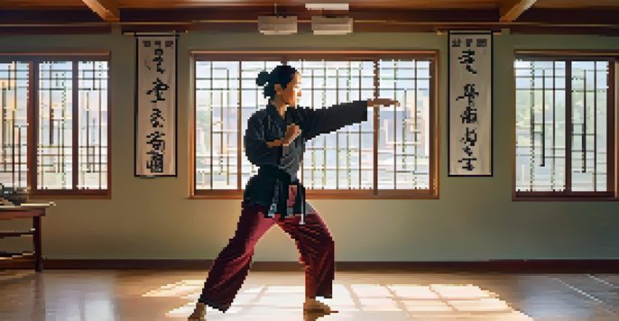 A confident female caregiver practicing a martial arts kick in a brightly lit training studio, surrounded by motivational posters.