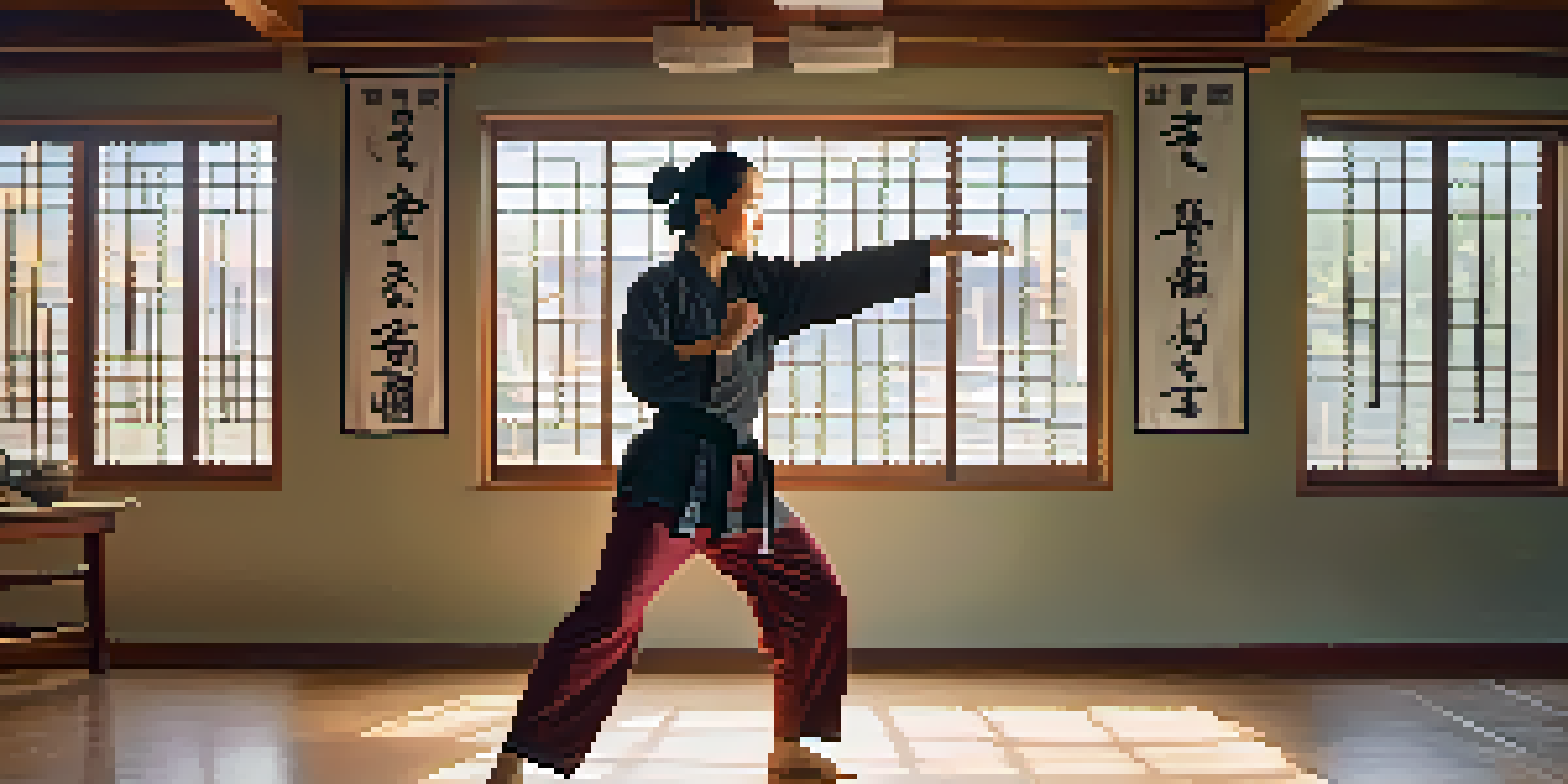 A confident female caregiver practicing a martial arts kick in a brightly lit training studio, surrounded by motivational posters.