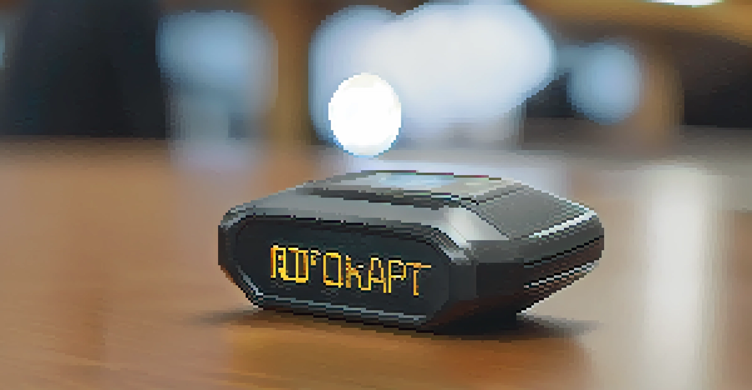 A close-up of a compact personal safety device on a table, with a blurred background showing a person using a safety app on their smartphone.