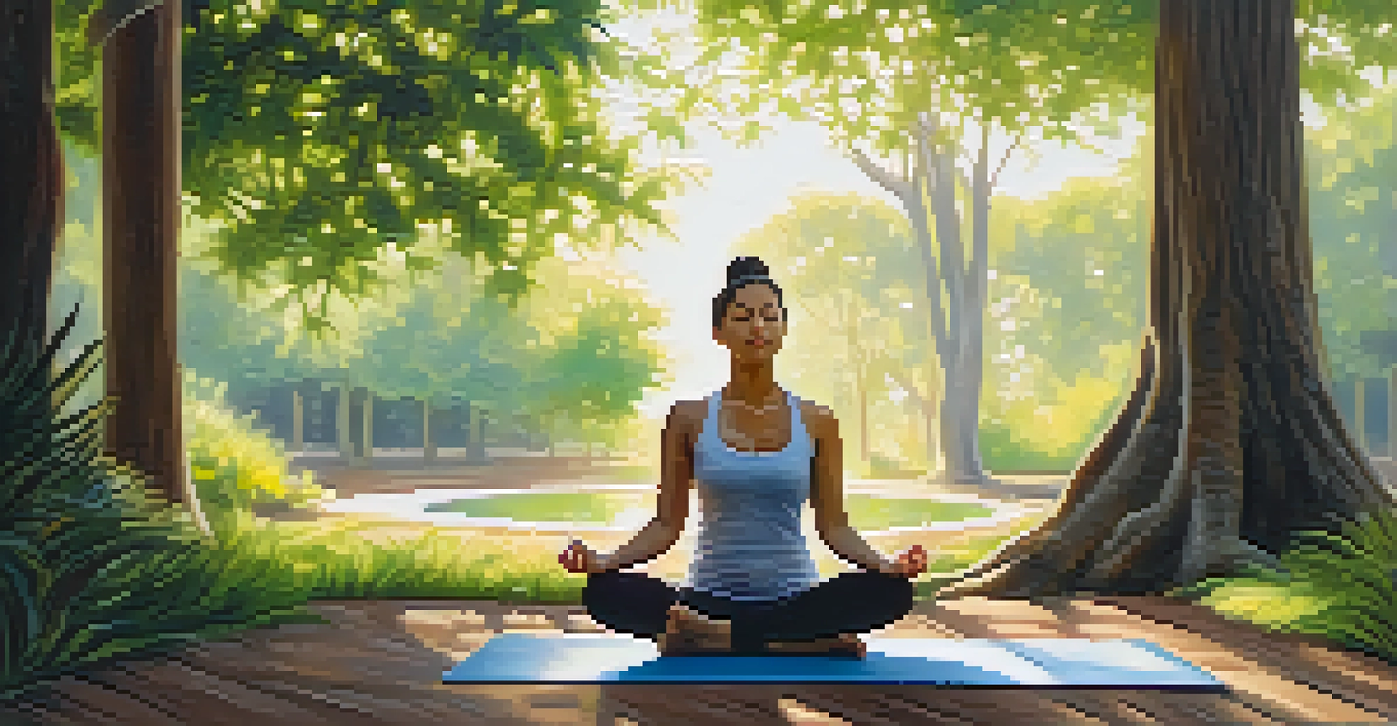 A person practicing mindfulness on a yoga mat in a tranquil park, surrounded by greenery and sunlight, evoking a sense of calm.