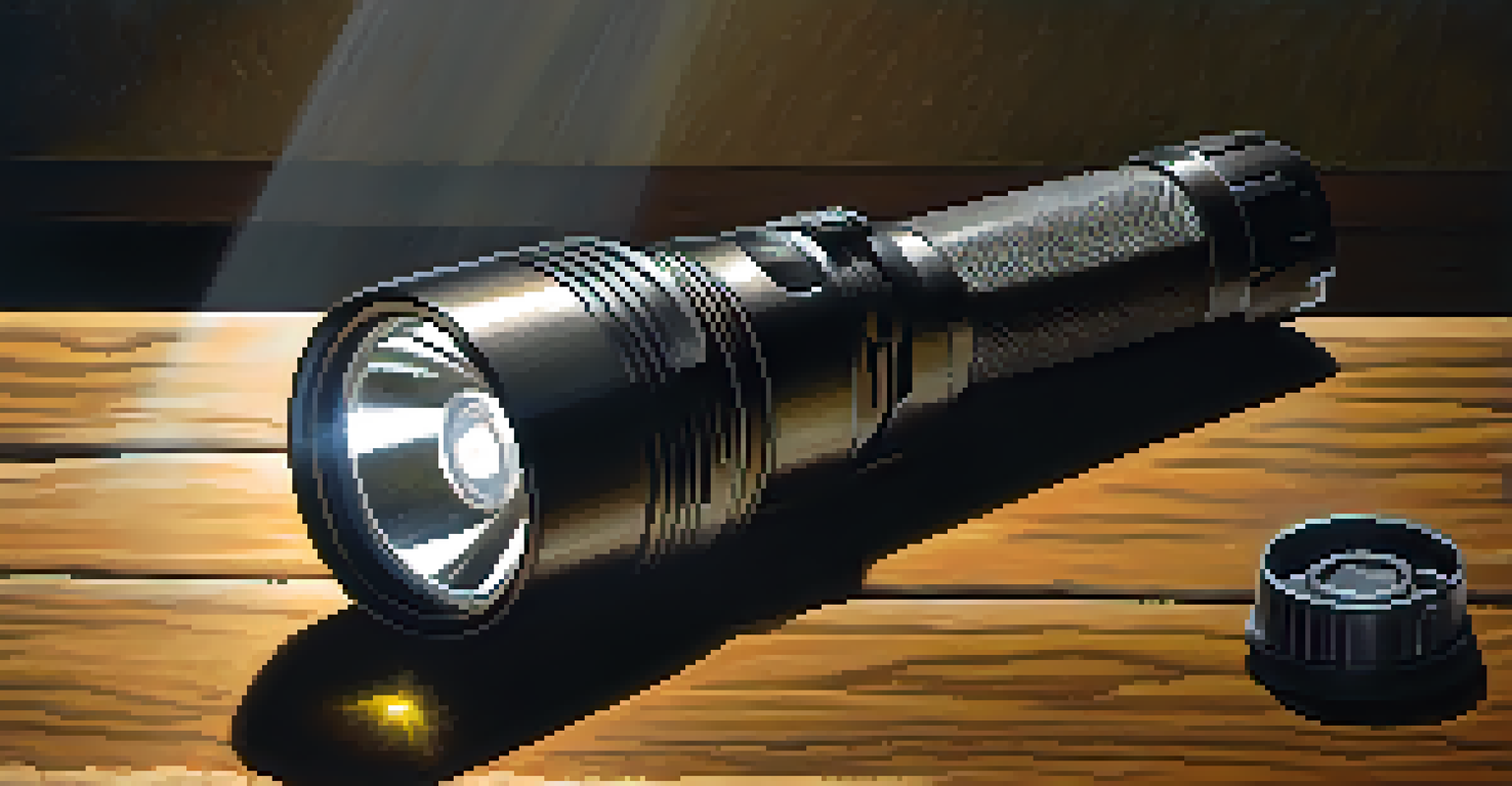 A tactical flashlight on a wooden table, illuminating a dark corner of the room with its beam.