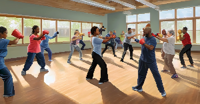 A diverse group of adults engaged in a self-defense workshop, practicing techniques in a bright community center.