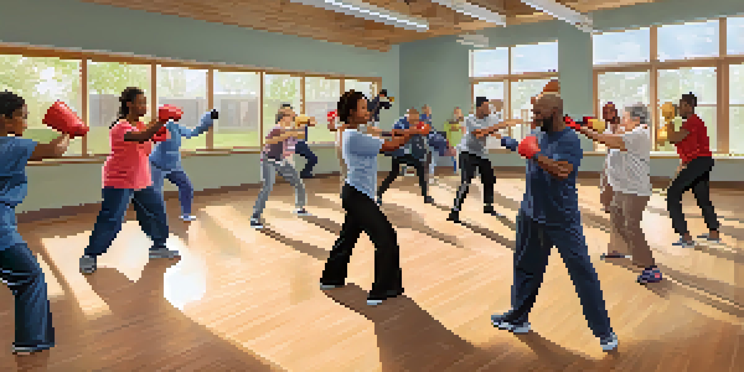 A diverse group of adults engaged in a self-defense workshop, practicing techniques in a bright community center.