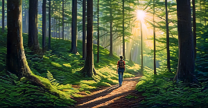 A person hiking in a forest, looking around attentively as sunlight filters through the trees.
