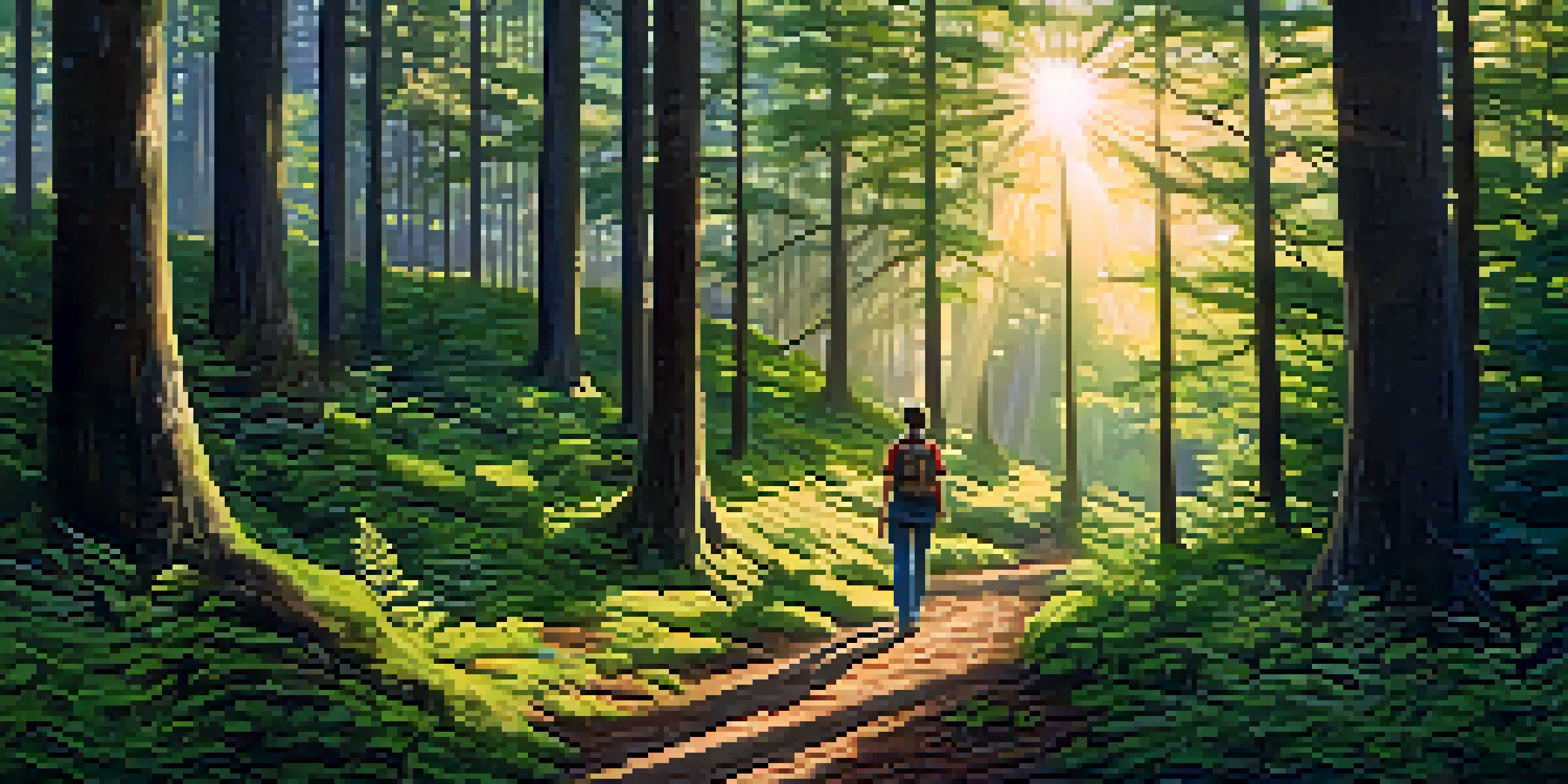 A person hiking in a forest, looking around attentively as sunlight filters through the trees.