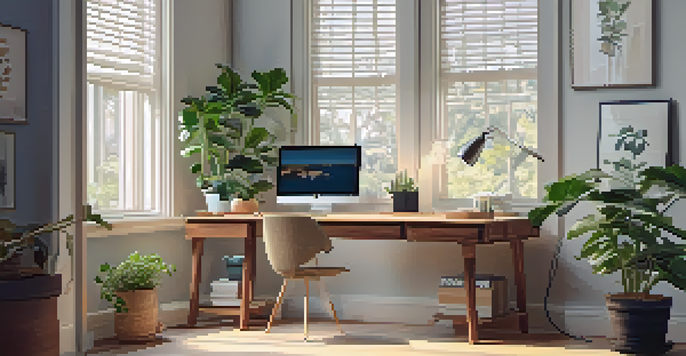 A cozy home office with a wooden desk, laptop, and indoor plant, illuminated by natural light from a window.