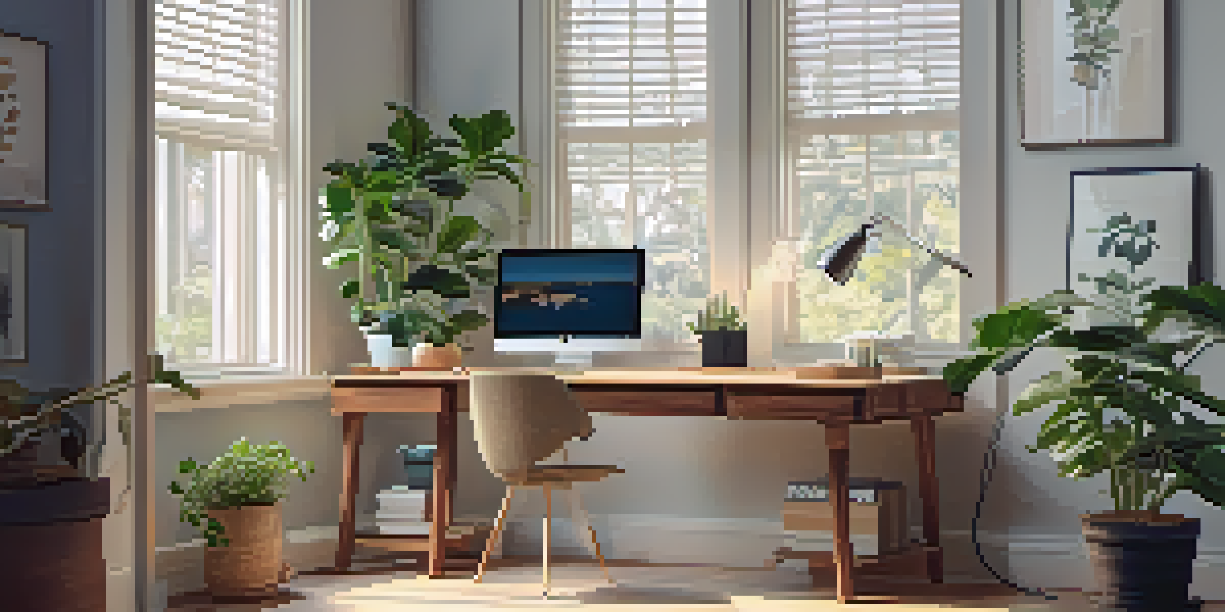 A cozy home office with a wooden desk, laptop, and indoor plant, illuminated by natural light from a window.