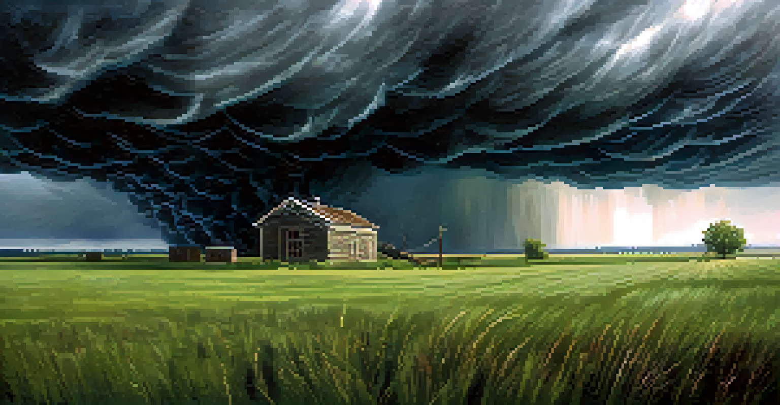 A tornado in the distance over an open field, with a sturdy building in the foreground, depicting the threat of severe weather.