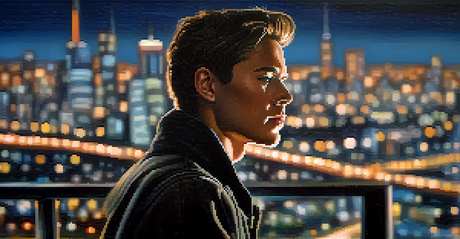 A close-up of a person's face with a thoughtful expression against a blurred cityscape, highlighting focused awareness and intuition.