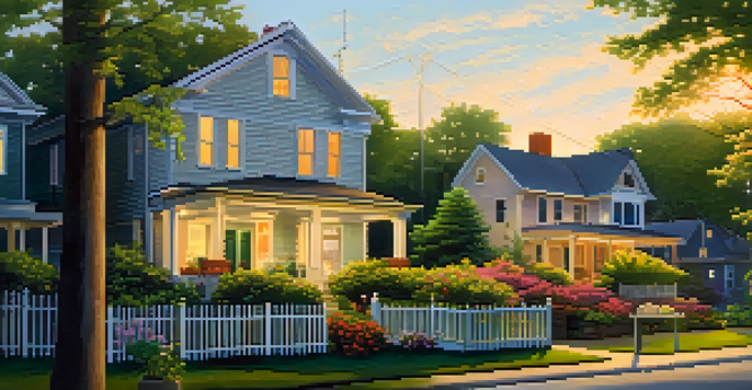 A neighborhood scene at dusk with neighbors talking on porches, illuminated by warm light, representing community trust.