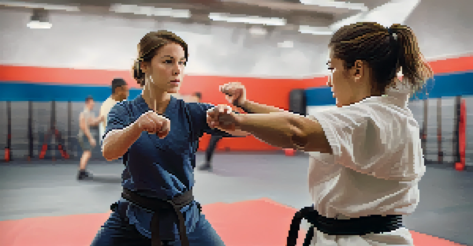 Close-up of two individuals practicing hand-to-hand combat techniques in a self-defense training studio, displaying focus and determination.