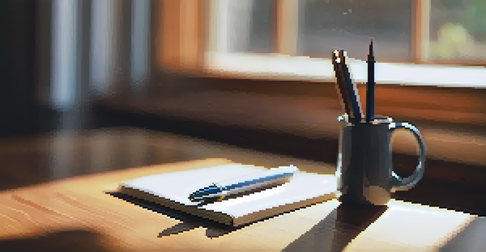 A close-up of a sturdy pen on a wooden desk, illuminated by natural light, with blurred everyday objects in the background.