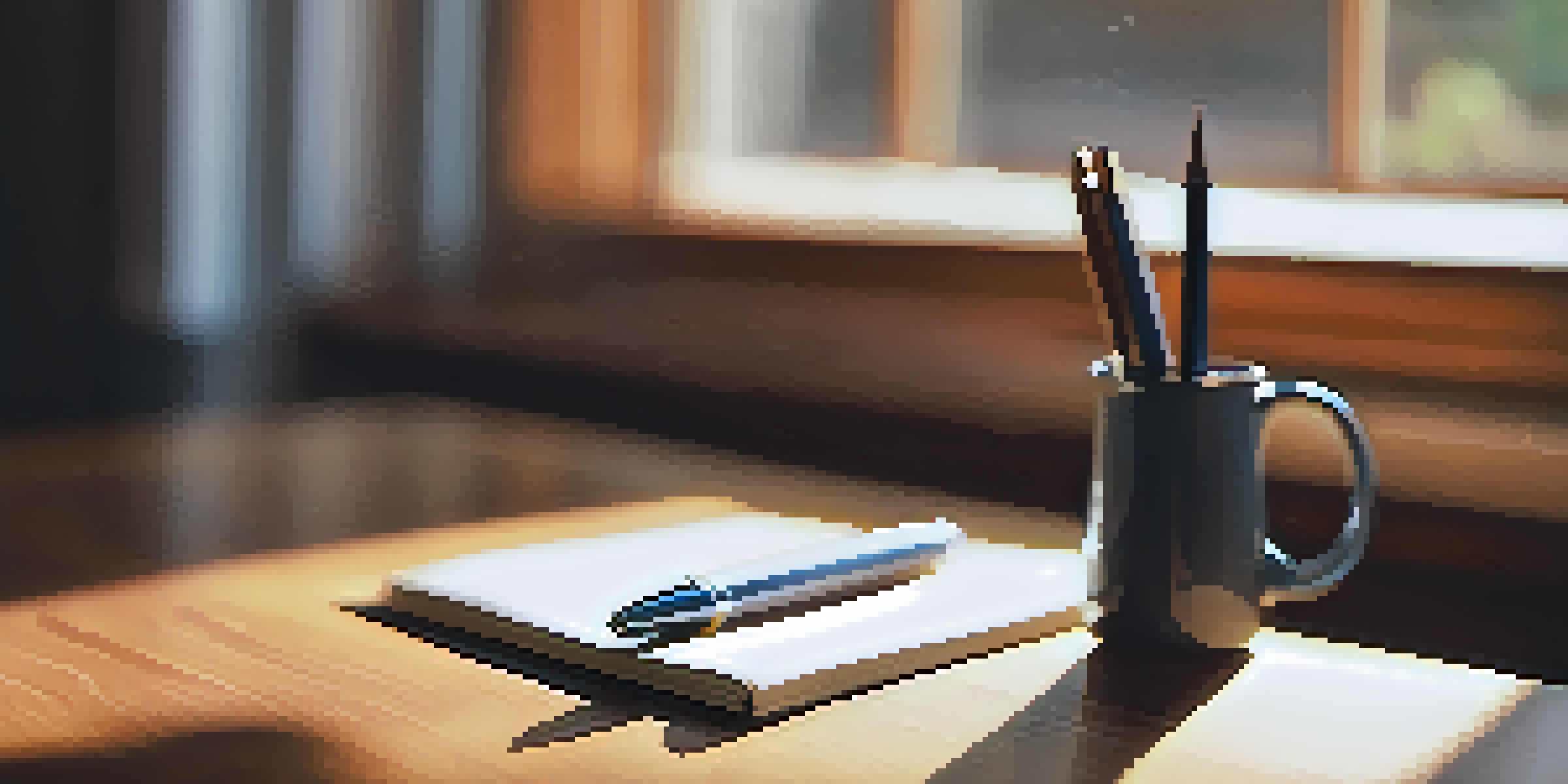 A close-up of a sturdy pen on a wooden desk, illuminated by natural light, with blurred everyday objects in the background.