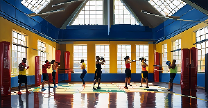 A diverse group of people in a kickboxing class, showing determination and focus in a brightly lit room.