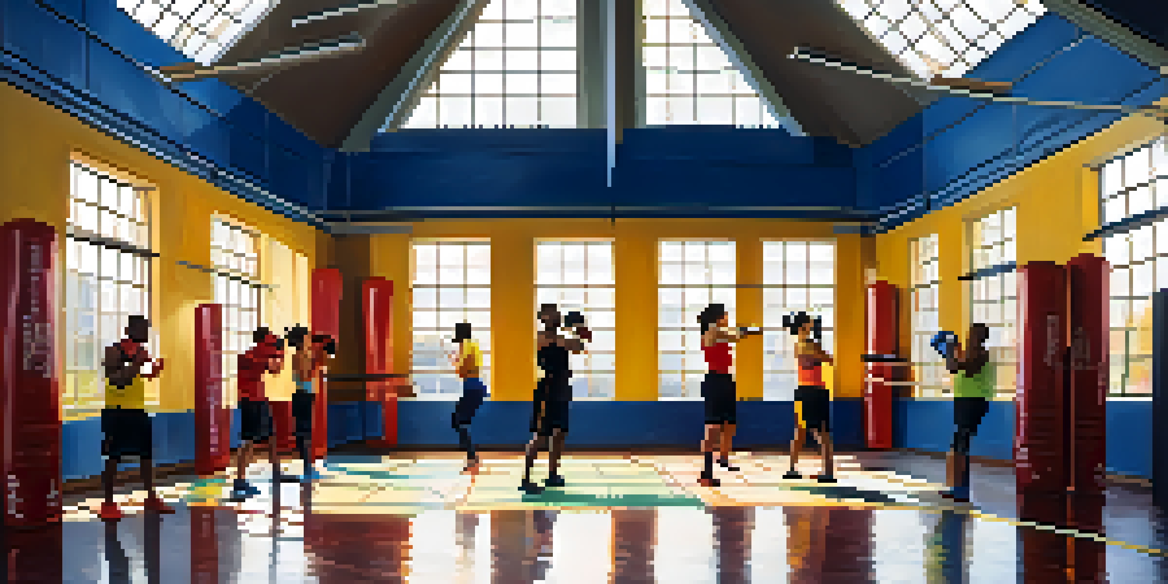 A diverse group of people in a kickboxing class, showing determination and focus in a brightly lit room.