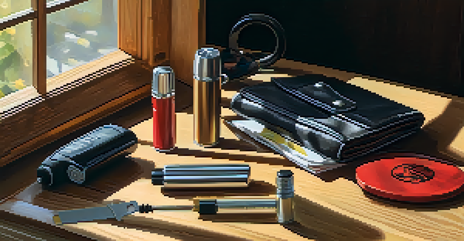 A wooden table showcasing a variety of self-defense tools including pepper spray and a personal alarm, illuminated by natural light.