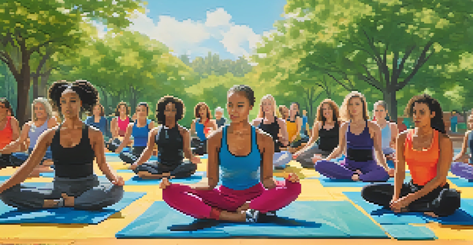 A diverse group of women practicing self-defense techniques outdoors, with determined expressions and vibrant athletic wear.
