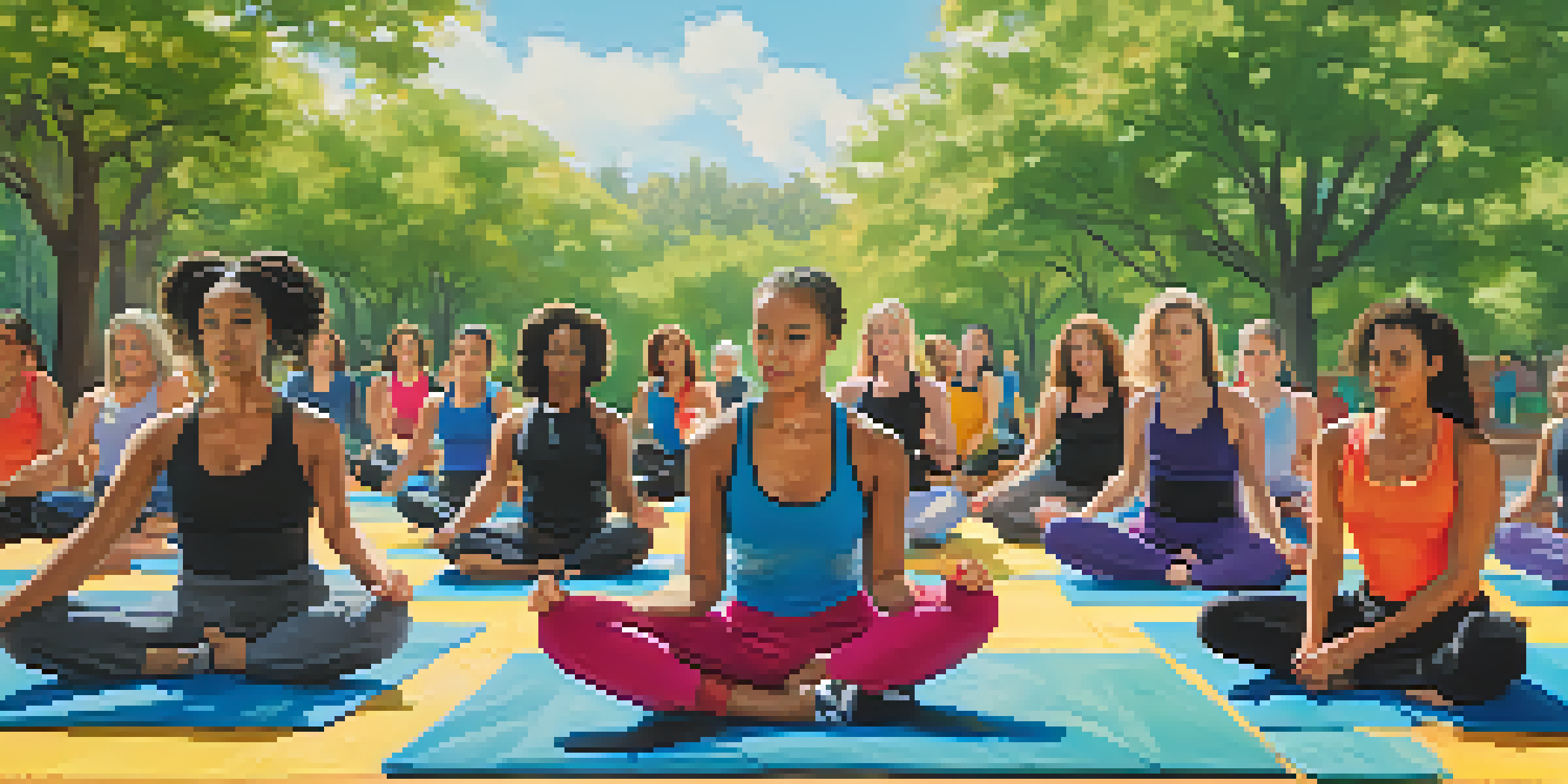 A diverse group of women practicing self-defense techniques outdoors, with determined expressions and vibrant athletic wear.