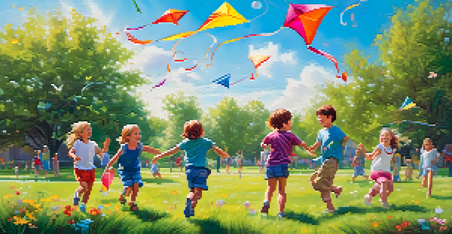Children playing in a park with colorful kites and blooming flowers.