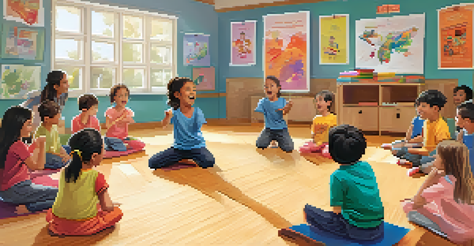 Children role-playing a self-defense scenario in a colorful classroom, with one child demonstrating a move while others watch.