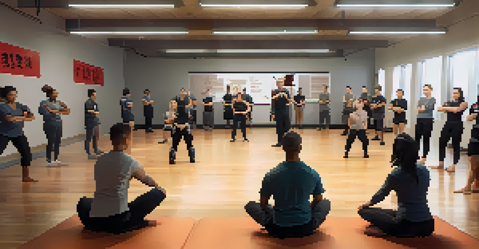 A self-defense instructor demonstrating a technique to a diverse group of attentive participants in a well-lit indoor setting.