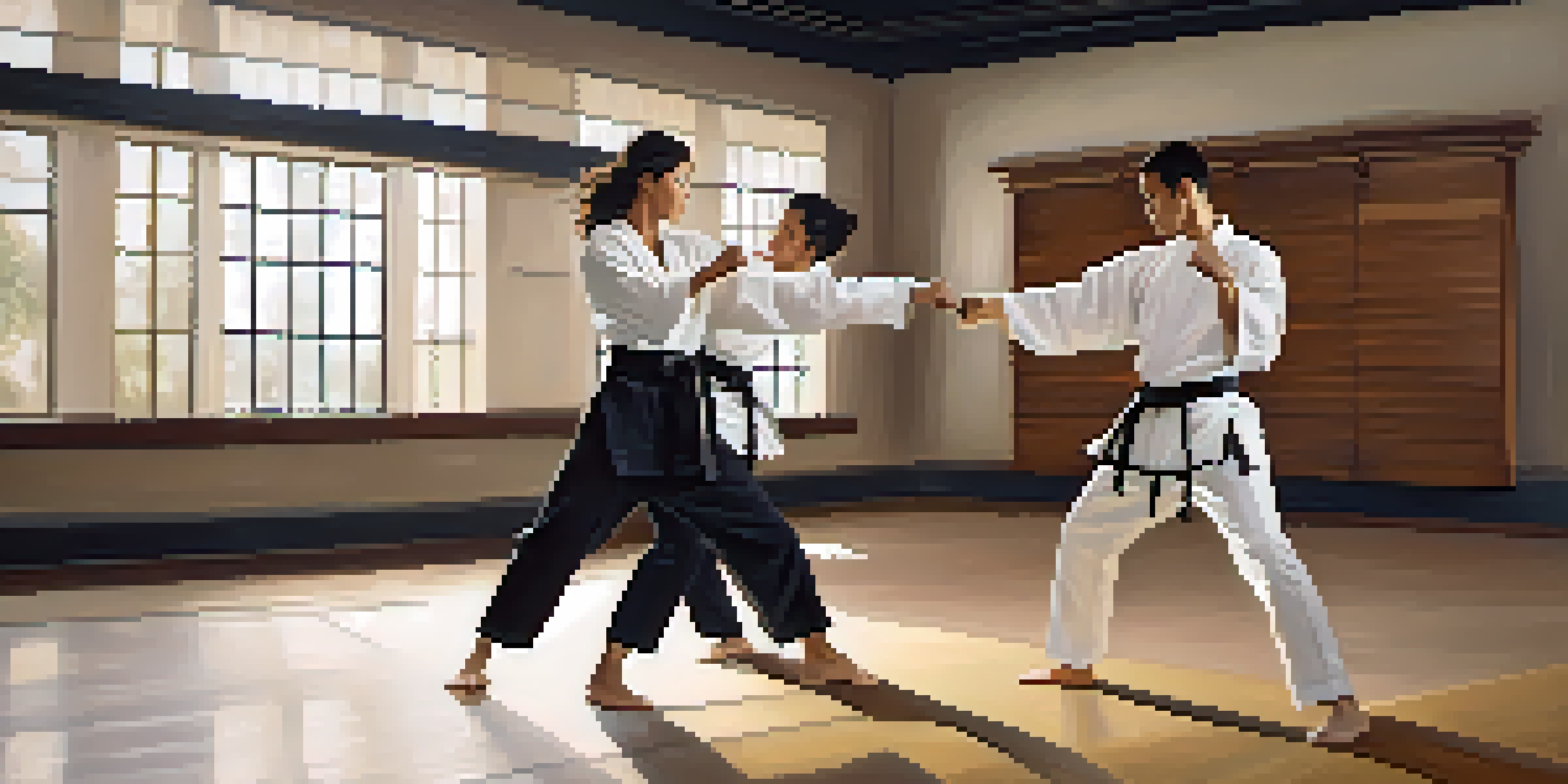 A couple practicing self-defense techniques in a martial arts studio, showcasing dynamic movements and expressions of determination.