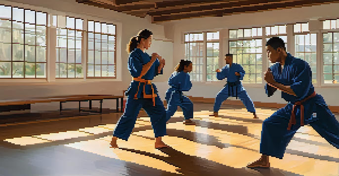 A diverse group of self-defense students training in a bright dojo, showcasing various techniques and an attentive instructor.
