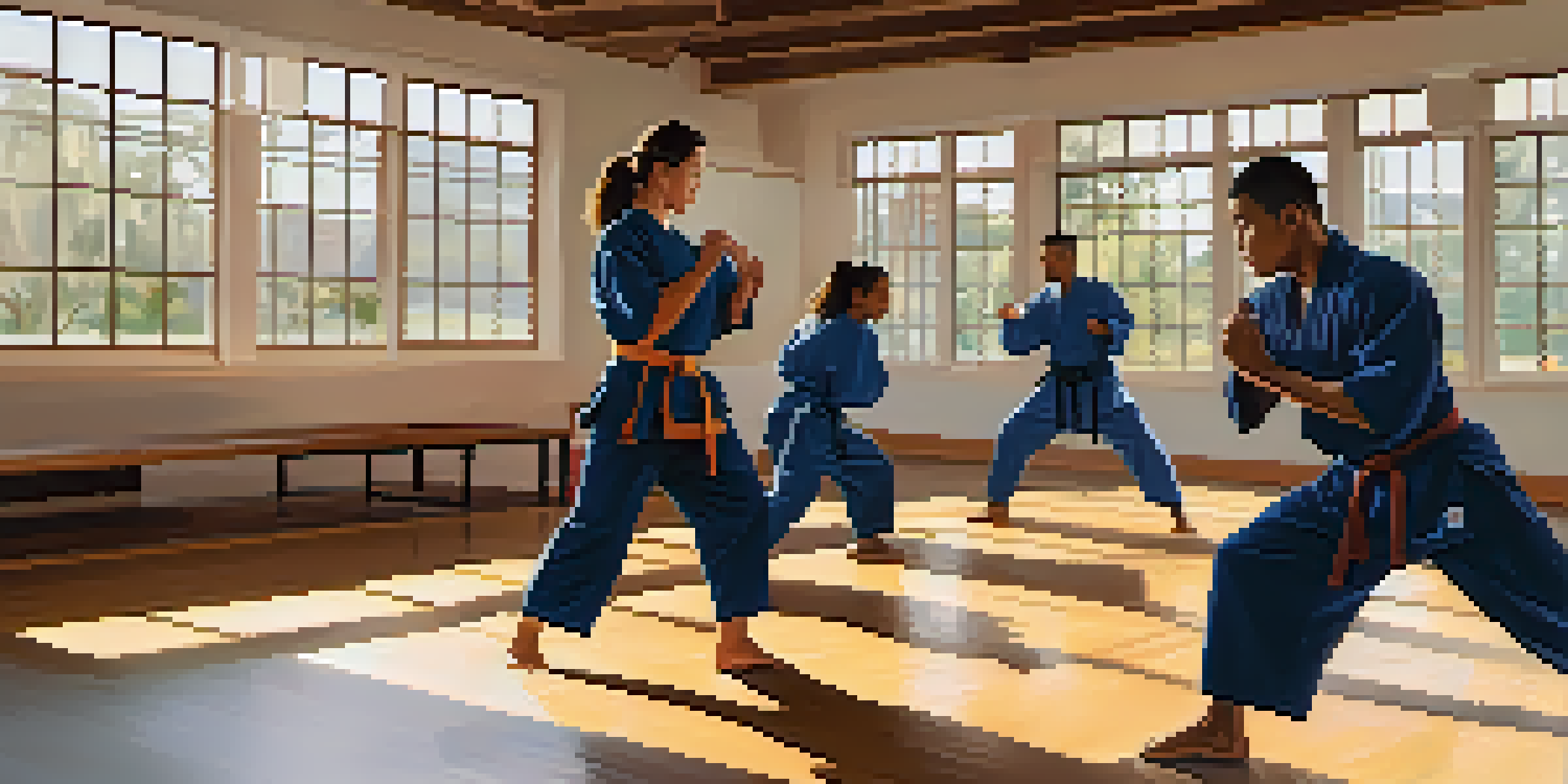 A diverse group of self-defense students training in a bright dojo, showcasing various techniques and an attentive instructor.
