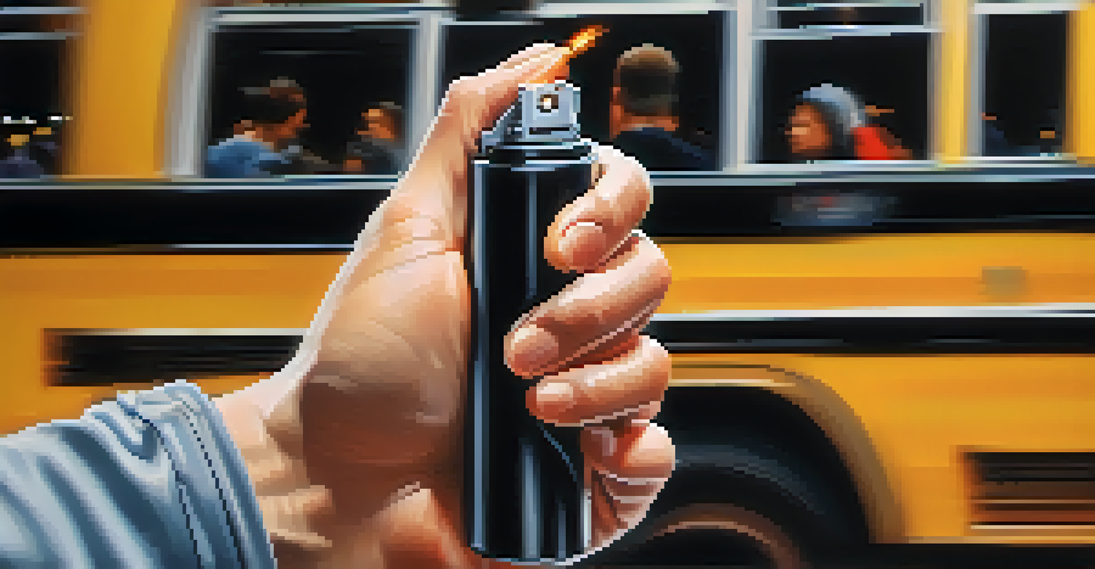 A close-up of a hand gripping a self-defense tool, with a crowded bus in the background, emphasizing readiness and safety.