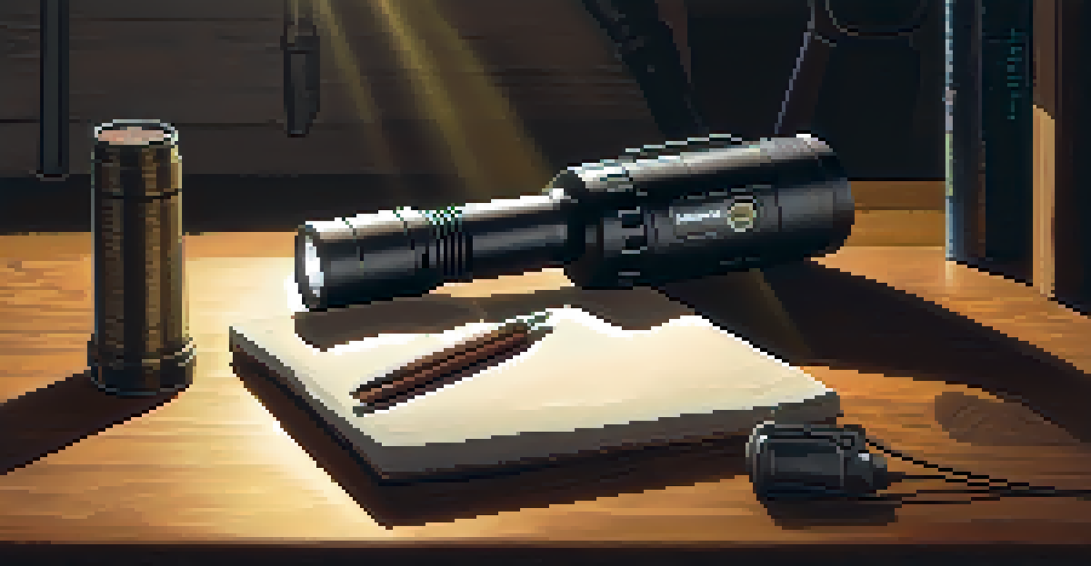 A tactical flashlight on a wooden table, emitting a bright light in a dimly lit room, surrounded by everyday items.