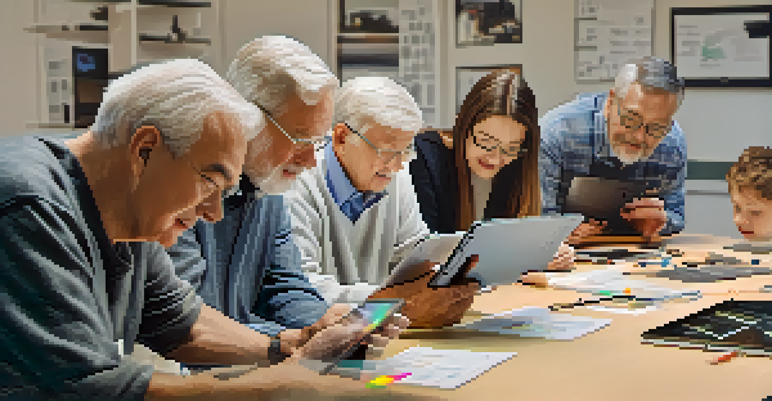 An elderly man focused on using a tablet in a technology workshop, with supportive instructors helping him in a bright and engaging environment.